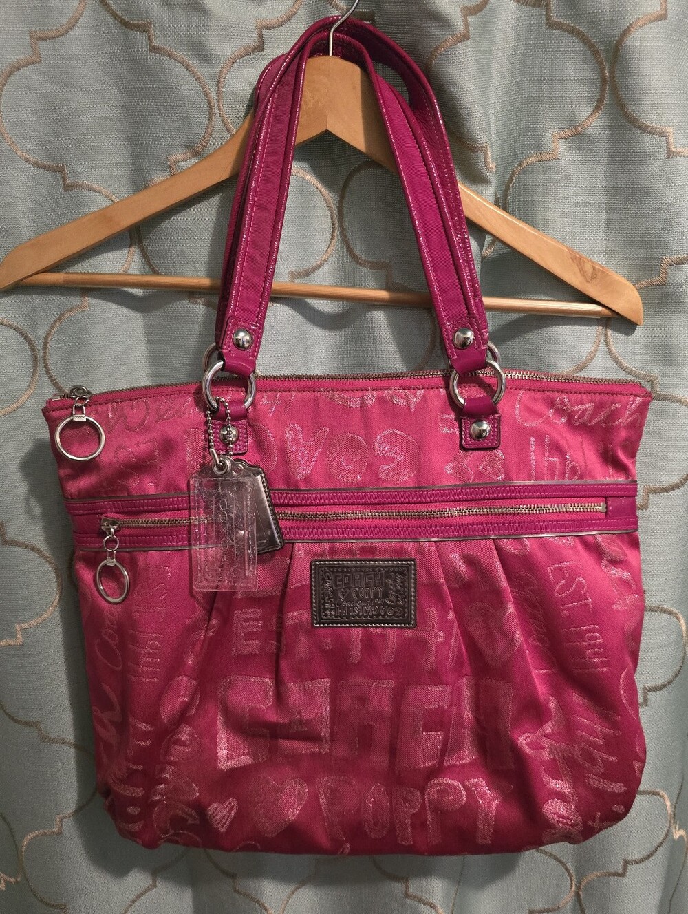 Coach Poppy Glam Tote Purse Bag 15301 Storypatch Hot Pink Metallic Silver